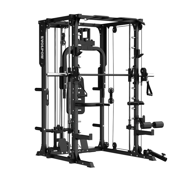 Smith Machine Home Gym Built for Full-Body Training, 6 Stations, 2x2 Steel Frame, 360° Landmine, Cable System