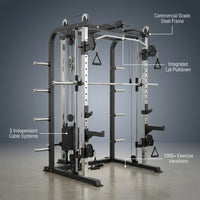 Smith Machine Built to Maximize Home Training, 1000+ Exercises, 3 Cable Systems, Commercial Grade Steel — infographic