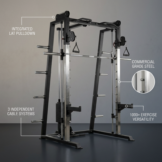 Smith Machine Built to Maximize Home Training, 1000+ Exercises, 3 Cable Systems, Commercial Grade Steel — infographic