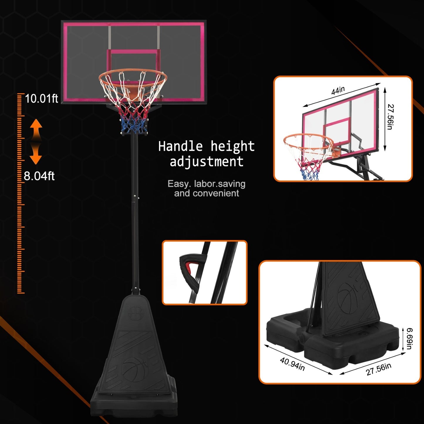 8-10FT Portable Basketball Hoop Height Adjustable Rebound System Youth/Adults