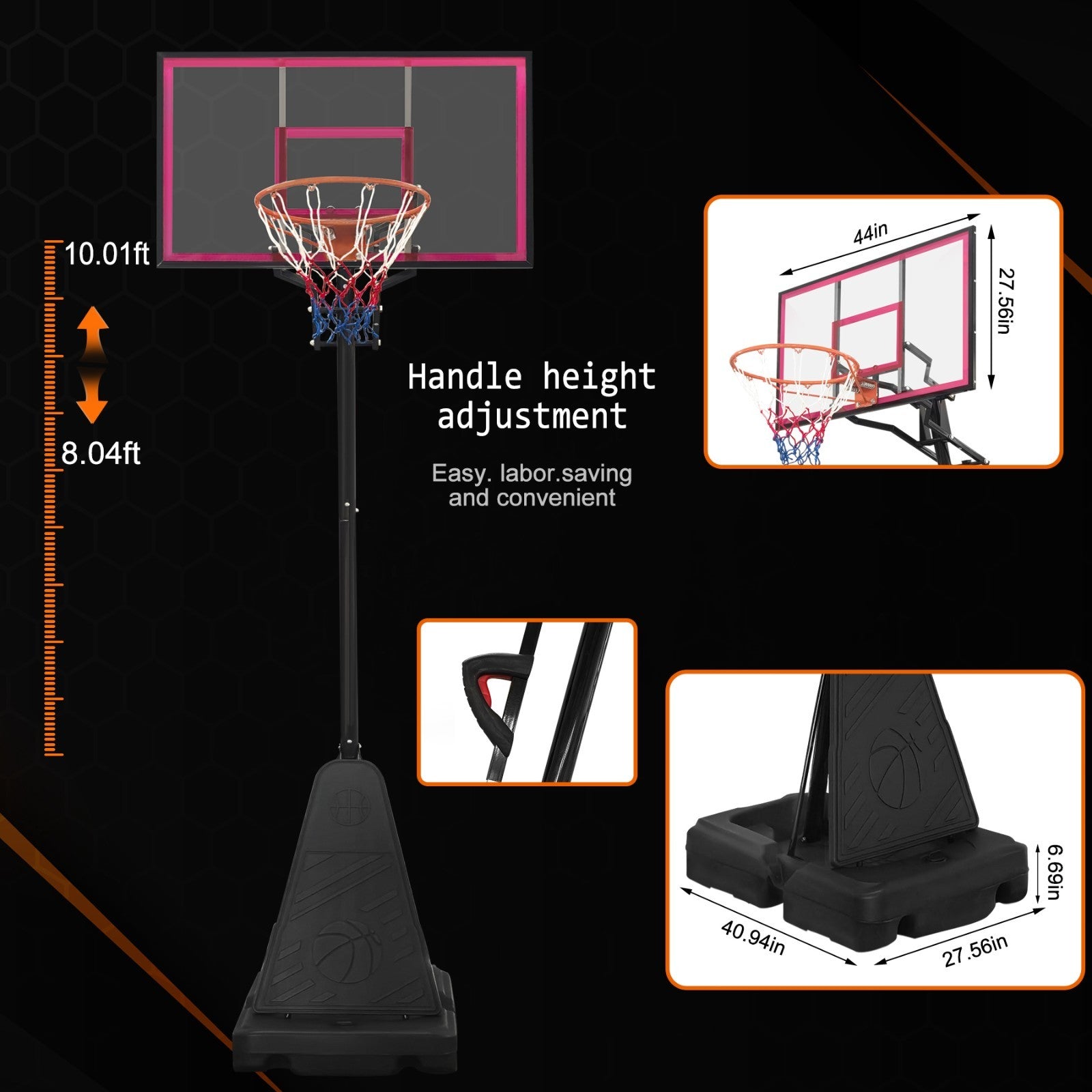 8-10FT Portable Basketball Hoop Height Adjustable Rebound System Youth/Adults