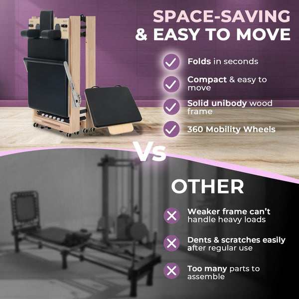 Pilates Reformer Designed for Home Workouts, Foldable Wood Frame, 70+ Guided Sessions, Complete Accessory Kit